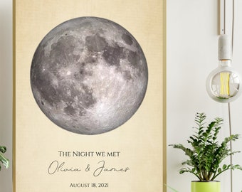 May include: A beige print with a black and white image of the moon. The text "THE NIGHT WE MET Olivia & James AUGUST 18, 2021" is printed below the moon.