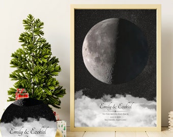 May include: A rectangular framed print featuring a detailed lunar phase against a starry night sky above white clouds. The text reads: Emily & Ezekiel, To The Moon And Back, July 5, 2021, Baltimore, Maryland, in a serif font.