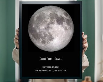 May include: A black and white image of the full moon with the text "OUR FIRST DATE" and the date "OCTOBER 24, 2023" and coordinates "40° 43' 50.1960" N 73° 56' 6.8712" W"