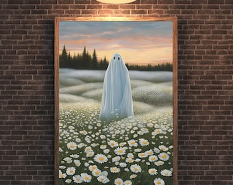 May include: A painting of a white ghost standing in a field of white daisies. The ghost is wearing a white sheet and has two black eyes. The background is a field of white daisies with a forest in the distance. The sky is a light blue with a pink and orange sunset.