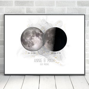 Arte personalizado de la pared de la fase de la luna de la pareja, arte de la impresión de la fase de la luna de la acuarela, luna de cumpleaños, luna de la pareja, regalo de la pareja, regalo de boda, regalo celestial