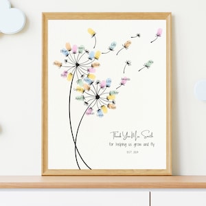 Custom Teacher Thank You Card, Fingerprint Teacher Appreciation Gift, End of Year Gift, Dandelion Kids Keepsake, Toddler Fingerprint Card