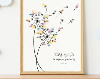 May include: A framed print with a dandelion design featuring colorful fingerprints and names of children. The text reads "Thank You Mrs. Smith for helping us grow and fly EST. 2024".