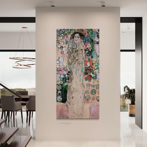 May include: A painting of a woman in a long dress standing in a field of flowers. The woman is wearing a white dress with a floral pattern. The background is a field of flowers in various colors.