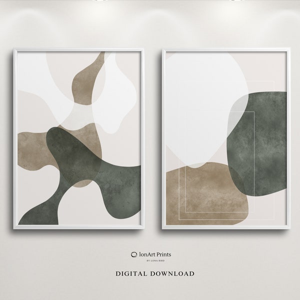 Set van twee Japandi Scandinavische abstracte muurkunstprints - minimalistisch groen en beige, modern huis, PRINTBAAR, feestelijke paarprints, S2-10