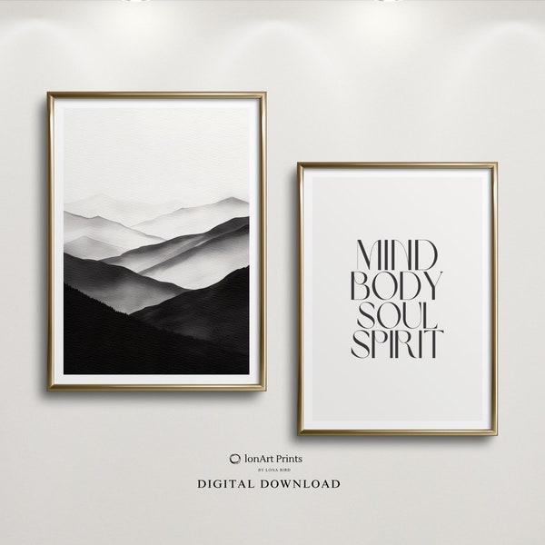 Set of Two Wall Art, Minimalist Black and White Monochrome, Watercolour Abstract Mountain, Mindfulness print, Zen Yoga Decor,Pair art, S2-15