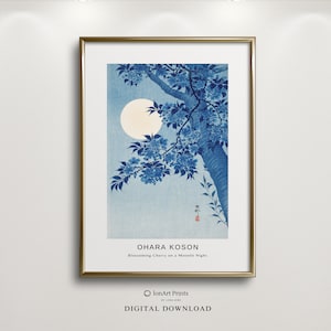 Cereza en flor azul monocromática en una noche iluminada por la luna de Ohara Koson, IMPRIMIBLE de alta calidad, impresión de arte en xilografía japonesa, decoración asiática