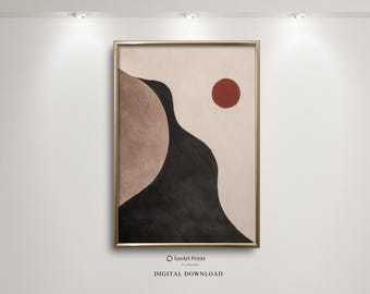 May include: Abstract art print in a gold frame. The artwork features a beige background with a dark brown and black curved shape and a red circle. The words "IonArt Prints" and "DIGITAL DOWNLOAD" are at the bottom.