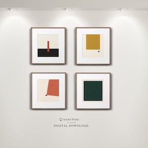 May include: Four framed abstract art prints. Each print features geometric shapes in various colours, including black, red, yellow, and green, set against a white background. The frames are a warm brown colour. The text "IonArt Prints" and "DIGITAL DOWNLOAD" are at the bottom.