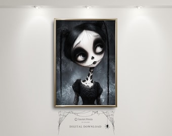 Gothic Doll Wall Art Print, Creepy Cute Skeleton Girl, Creepy Cute Halloween Home Decor, Burton inspired illustration, Witchcore aesthetic