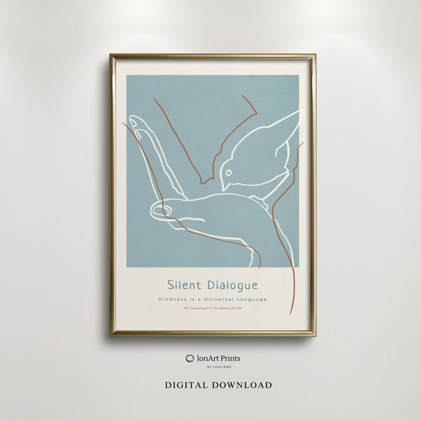 Silent Dialogue: Line Art Illustration Inspired by Reijer Stolk, Bird & Human Symbolizing Kindness, Printable, for Home, Office, Yoga Studio