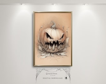Halloween Pumpkin Wall Art, Scary Jack O Lantern Printable, Spooky Digital Download, Creepy Fall Artwork, Seasonal Haunted Holiday Decor Art