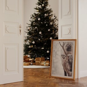 May include: A decorated Christmas tree with white baubles and gold stars, standing in a room with a white door and a framed print of a deer in the snow.