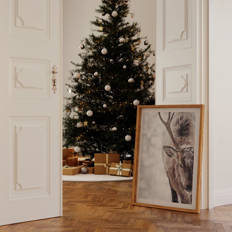 May include: A decorated Christmas tree with white baubles and gold stars, standing in a room with a white door and a framed print of a deer in the snow.