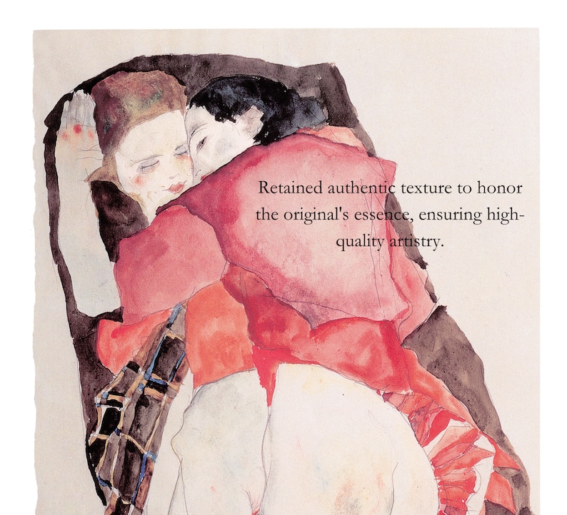 Puede incluir: Una pintura de acuarela que representa a dos figuras en un abrazo cercano, en tonos rojos, negros y colores de piel p&aacute;lidos. El texto 'Retained authentic texture to honor the original's essence, ensuring high-quality artistry' est&aacute; impreso en la imagen.