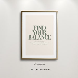 Trova il tuo equilibrio - Arte della parete con citazione ispiratrice, Design minimalista, Verde tenue, Positivo, Edificante, Digitale, Arte di meditazione Zen, Scandi