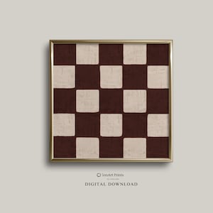Brunbeige schackrutigt tryck, minimalistisk fyrkantig väggkonst (digital nedladdning)