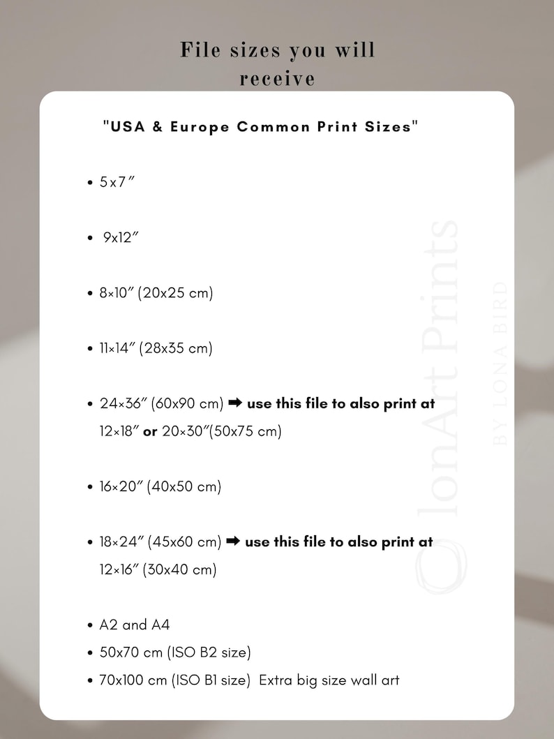 May include: A white informational card titled File sizes you will receive and USA & Europe Common Print Sizes. It lists dimensions in inches and centimeters, including 5x7, 9x12, 8x10, 11x14, 24x36, 16x20, 18x24, A2, A4, 50x70 cm, and 70x100 cm.