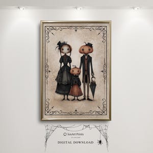 May include: A framed digital download print featuring a spooky family with pumpkin heads and dark clothing. The artwork has a vintage style with decorative borders and the text "IonArt Prints DIGITAL DOWNLOAD".