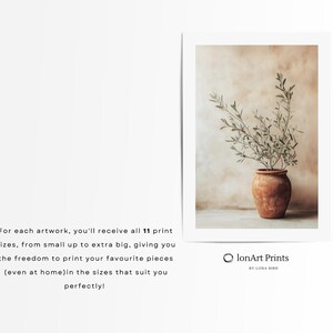 May include: A rectangular art print featuring a terracotta-colored clay pot containing a green olive branch. Below the image, the text reads IonArt Prints BY LONA BIRD. The text on the left states: For each artwork, you'll receive all 11 print sizes.