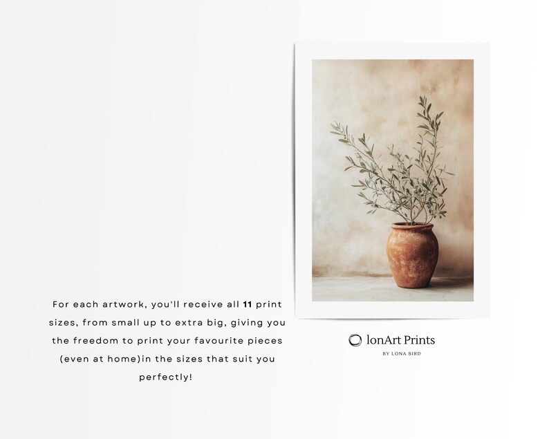 May include: A rectangular art print featuring a terracotta-colored clay pot containing a green olive branch. Below the image, the text reads IonArt Prints BY LONA BIRD. The text on the left states: For each artwork, you'll receive all 11 print sizes.
