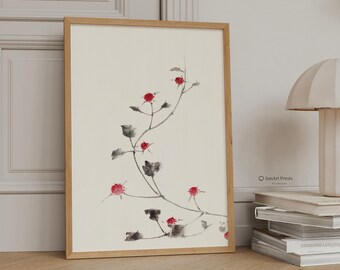 Hokusai-Kunstdruck „Rote Blüten“, Japandi-Wandkunst, minimalistischer japanischer Druck (Digitaler Download)