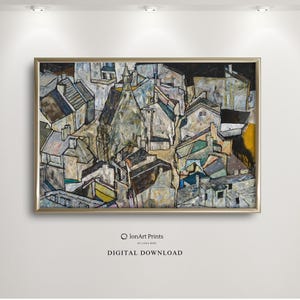 May include: Abstract cityscape painting in a gold frame. The artwork depicts a cluster of buildings with various rooflines and architectural details. The color palette includes muted tones of gray, beige, and hints of blue and yellow. The text "DIGITAL DOWNLOAD" is below the artwork.