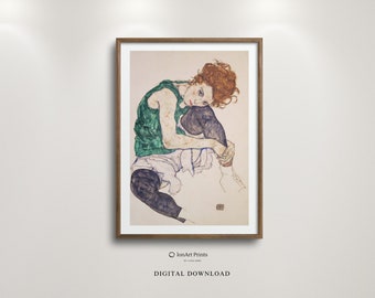 Seated Woman with Bent Knees by Egon Schiele - Printable Wall Art - High-Quality JPEG - Modern Expressionism - Home Decor for Art Lovers