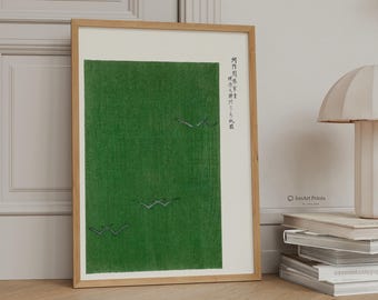 Green Japanese Woodblock Print, Vintage Asian Art, Minimalist Wall Decor, Traditional Ukiyo-e Poster, Japandi Wabi Sabi Artwork