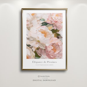 Élégance de Pivoines, hoogwaardige AFDRUKBARE abstracte pioenrozenkunst, pastel bloemen digitale download, moderne expressionistische muurkunst, rustige toon