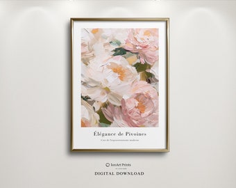 May include: A digital download print featuring a close-up of a bouquet of pink and white peonies with green leaves. The title of the print is "Élégance de Pivoines" and the text "L'art de l'expressionisme moderne" is below the title.