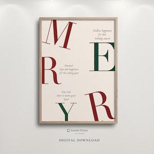 Cartaz de tipografia de letras gráficas alegres, decoração de Natal verde vermelho, arte de parede IMPRIMÍVEL, design festivo de férias, download instantâneo, impressão de Natal