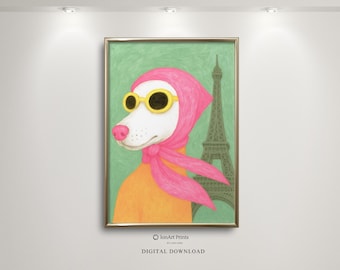 Pawrisian Chic Dog Print, Retro Whimsical Wall Art, Paris Dog Illustration, Funny Pet Poster, Eclectic Animal Decor, Quirky Dog Art Print