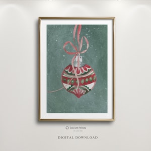 Christmas Tree Bauble Ornament Watercolour - Cozy festive Holiday PRINTABLE Wall Art, Green Background Digital Home Decor, Green Background