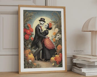 May include: A framed art print featuring a skeleton couple dancing in a garden at night. The skeleton in a black suit and top hat dances with a skeleton in a black dress with a red skirt. Orange marigolds and pumpkins surround them.