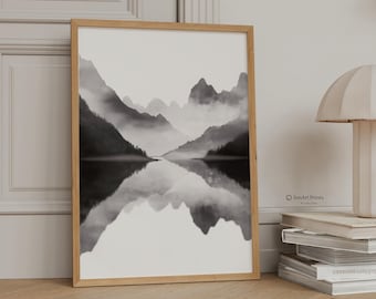 Lámina minimalista de montaña, paisaje zen en blanco y negro, arte de pared neutro (descarga digital)