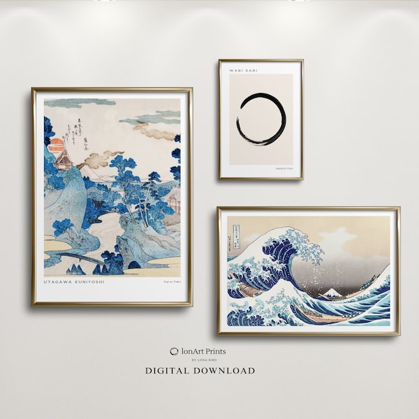 Japanese-Inspired set of three Art - Tranquil Blue Hues, Wabi Sabi Enso abstract ink, Japandi,woodblock Print, The Great wave, Fuji no Yukei