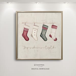 Watercolour Christmas Stockings Wall Art, Cozy Holiday Digital Download Decor, Rustic Festive PRINTABLE, Winter Festive print,Fireplace Art