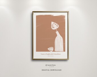 May include: A digital print of a minimalist illustration of a vase with leaves in a terracotta color. The text "Vaso e Foglia del Giardino" is at the bottom of the print.
