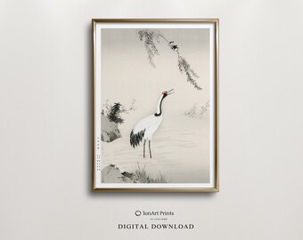 Japanese Crane Art Print – Kano Motonobu Beige Bird Art (Digital Download)