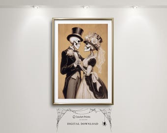 Halloween Skeleton Couple Wall Art, Gothic Wedding Print, Spooky Bride and Groom Poster, Digital Download, Dark Romantic Seasonal Decor