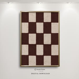 Modern Checkerboard Wall Art, Minimalist Abstract Print, Neutral Brown Beige Pattern, Vertical Digital Minimalist Geometric Checkered Art