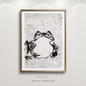 Japanese Frog by Getsuju, Minimalist Monochrome Ink Art, High Quality Printable Digital Home Decor, Unique Black & White Animal Illustration