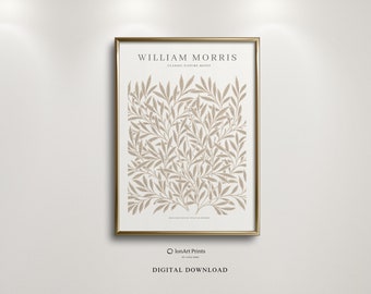 William Morris Beige Branch Pattern, Monochromatic Earthy Tone, Minimalistic Art, Typography Tribute, Classic Nouveau Printable,High Quality