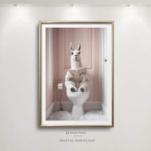 May include: A white llama wearing a pink collar sits on a white toilet in a pink bathroom, reading a book. The llama is looking at the book. The bathroom has a pink tiled floor and a white toilet.
