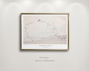 May include: A digital download print of a watercolor painting of a flock of birds flying in a circle over a body of water. The title of the artwork is "Kamisaka Sekka: A Thousand Cranes".