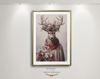 Vintage Reindeer Portrait Print, Winter Cabin Animal Art (Digital Download)
