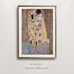 May include: A digital download of a painting depicting a couple embracing in a golden mosaic style. The painting is framed in a gold frame and has a white background.
