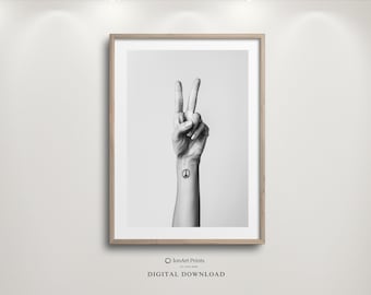 Peace Sign, Black and White Print, Retro, PRINTABLE Modern Wall Decor, Minimalist hippie Art, victory sign, Hand gesture art, love and peace