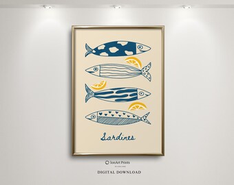 Strandhaus mit Sardinen, Fisch am Meer, Fisch als Poster, Kunstdruck am Strand, Fisch am Meer,